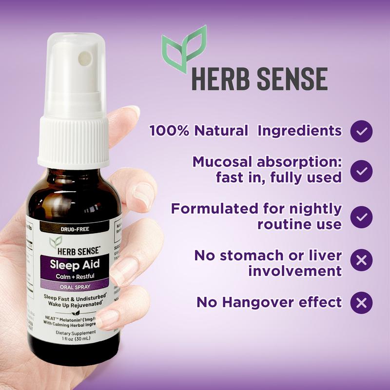 Herb Sense Melatonin Sleep Aid - 1 fl oz Oral Spray with 5-HTP & 50% Herbal Blend, Mucosal Absorption, 60 Servings, Vegan, Gluten & Sugar Free, Designed for Sensitive Stomach, Drug-Free Solution for Calm Sleep