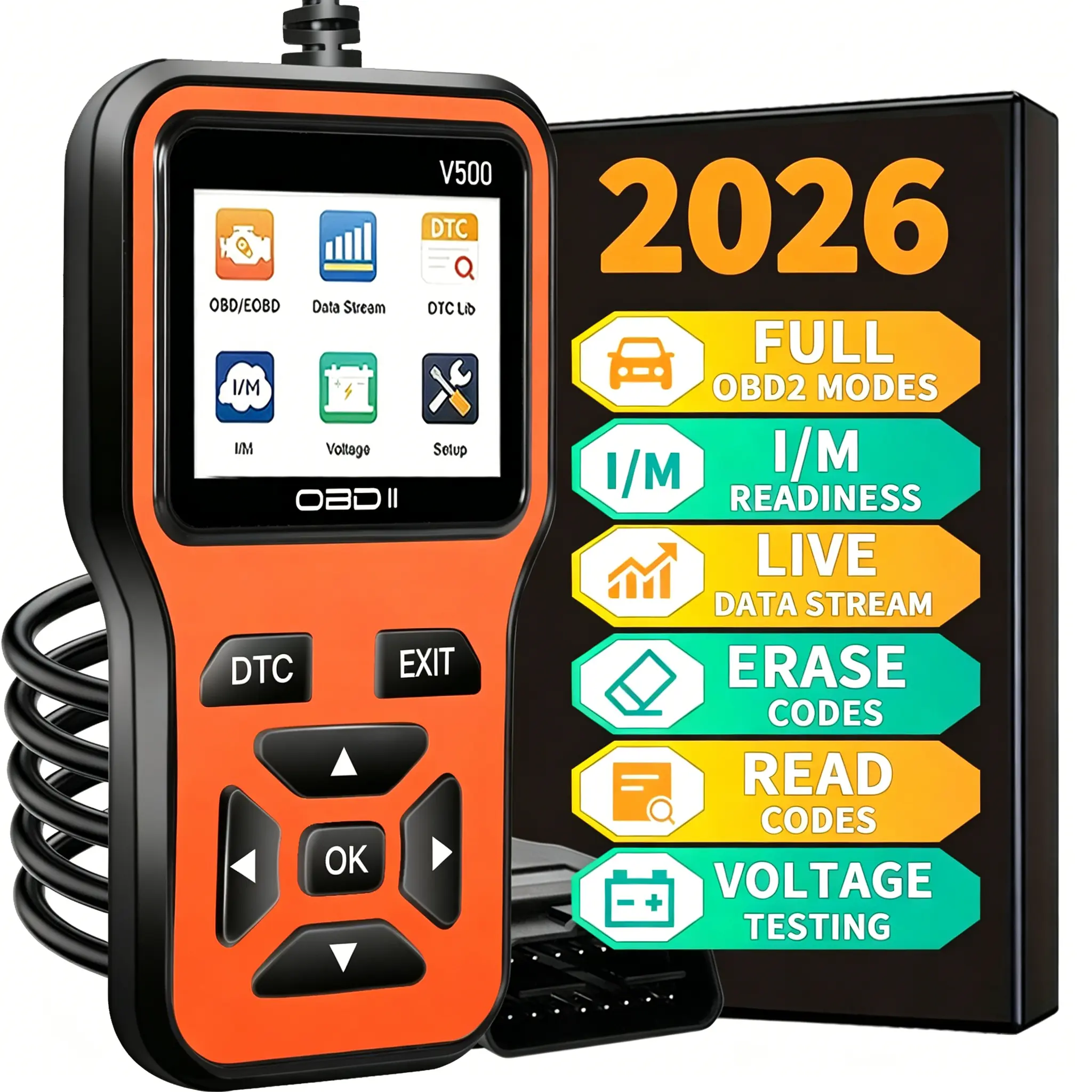 V500 New OBD2 Diagnostic Tool, Car Battery Voltage Test, DTC lookup, Engine Code Reader With Complete OBD2 Functionality, Reset, Mode 6 And 8, And More, Suitable For All OBDII/EOBD Vehicles After 1996+