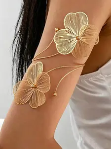 Gold Flower Arm Cuff, Open Adjustable Upper Arm Bracelet, 316L Stainless Steel, Hypoallergenic, Tarnish-Resistant, Elegant Hollow Floral Design, for Women, Boho & Formal Wear, Wedding, Party, Beach Jewelry, Versatile Women's Jewelry, Dual Flower Design