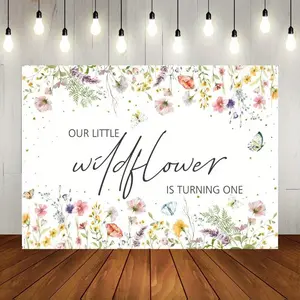 Wildflower Theme Birthday Background, Polyester Material, No Power Needed, Floral Party Decorations, Cake Table Banner, First Birthday Photo Prop