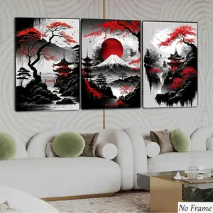 3pcs Japanese Maple Architecture Posters, Modern Art Wall Murals, Fashionable Artistic Home Decor, HD Waterproof Art Prints