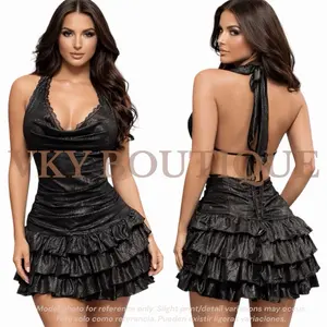 Midnight Glam Halter Ruffle Mini Dress - Black Halter Neck, Ruffle Design, Short Length, Summer Party Wear PV