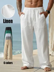 High-quality men’s solid-color straight linen pants, casual style, perfect for summer beach vacations; relaxed, comfortable fit design, durable and easy to care for.