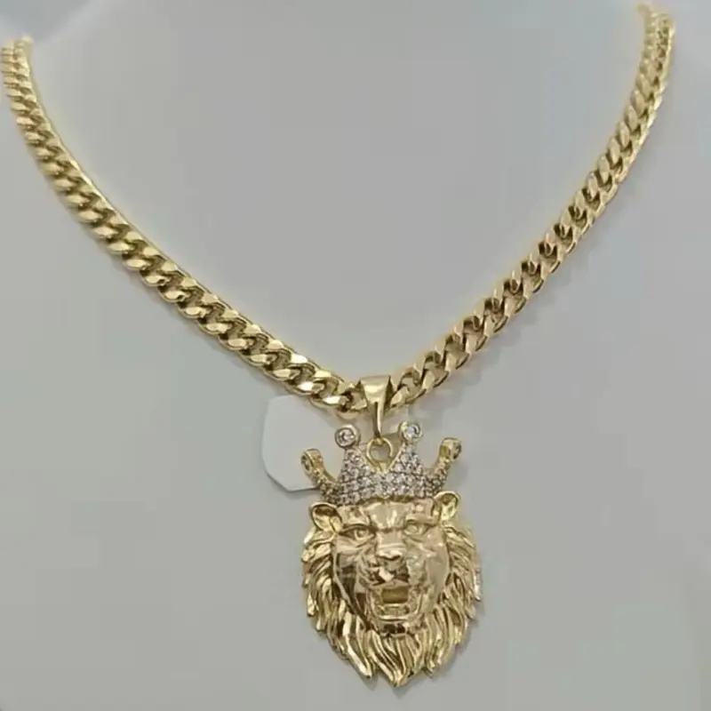 Gold Plated Lion Head Pendant Necklace with Crown Design for Men Women Hip Hop Jewelry Fashion Accessory