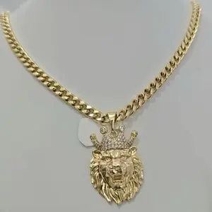 Gold Plated Lion Head Pendant Necklace with Crown Design for Men Women Hip Hop Jewelry Fashion Accessory