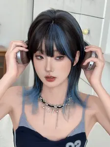 16 Inch High-Quality Dye Blue Wolf Cut Short Wig, Soft Synthetic Heat Resistant Fiber, Natural Puffy Straight Hair for Women, Daily Use, Synthetic Material Wigs