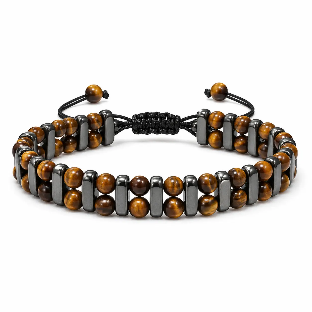 Men’s Tiger Eye Beaded Bracelet, Adjustable Double Row Tiger Eye Stone and Black Hematite Bracelet with Braided Cord, Natural Stone Style Bracelet for Men, Birthday Gift for Him