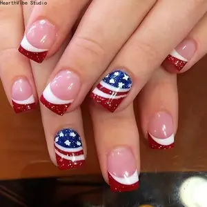24Pcs Americana Chic Press-On Nails, Red White Blue Stars & Hearts Fake Nails for July 4th Independence Day, Long Lasting Summer Statement Salon Manicure