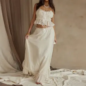 Women's 2 Piece Skirt Outfits Sleeveless Ruffle Trim Camisole Long Tie Up Skirt Set