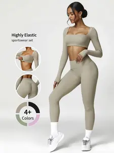 Women's 2pcs Autumn Winter Square Collar Long Sleeve Trousers Set Breathable Moisture Absorbing Quick Dry Activewear for Yoga Running Gym Outfits
