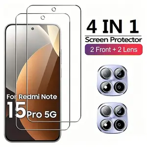 4 in 1/2+2 2 Pcs HD Tempered Glass Screen Protectors with 2 Pcs Clear Camera Lens Protector Suitable for Xiaomi Redmi Note 15 Pro 5G Full Coverage Protection Films Fingerprint unlock