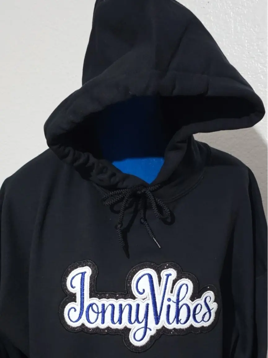 JonnyVibes Glitter Appliqué Embroidered Hoodie | Custom Streetwear Pullover Black Blue