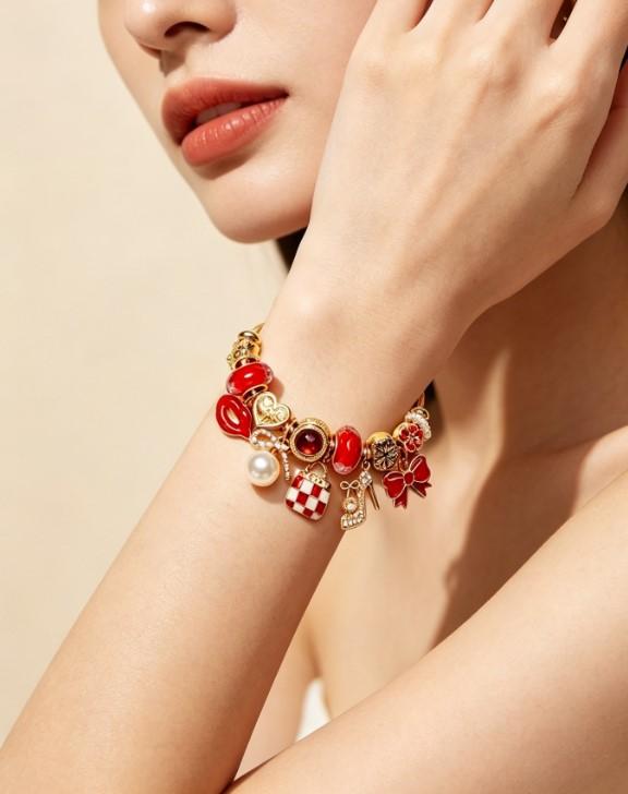 Fashion Red Lip & High Heel Charm Bangle, Gold-Tone Twisted Wire Hard Bracelet with Red Enamel & Pearl Beads, Western Style Jewelry for Women