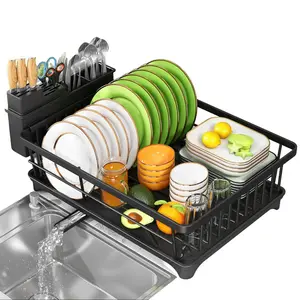 Dish Drying Rack - Space-Saving Small Dish Rack for Kitchen Counter, Rust-Resistant Kitchen Drying Rack, Compact Dish Drainer Organizer with Utensil Holder for Home Kitchen, Black