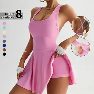 Women's U-Neck Tummy Control Seamless Skort Sports Dress with Removable Padding & Backless Design, Womenswear Compression Fit Ribbed Fabric Tummy Control Casual & Elegance Tennis Skirt