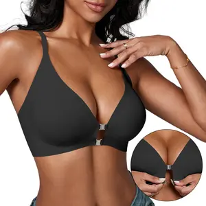 Deangelmon Women’s Magnetic Front Closure Wirefree Bra, Easy On & Off, Light Support, Deep V-Neck Racerback, Stretchy Comfy Bralette