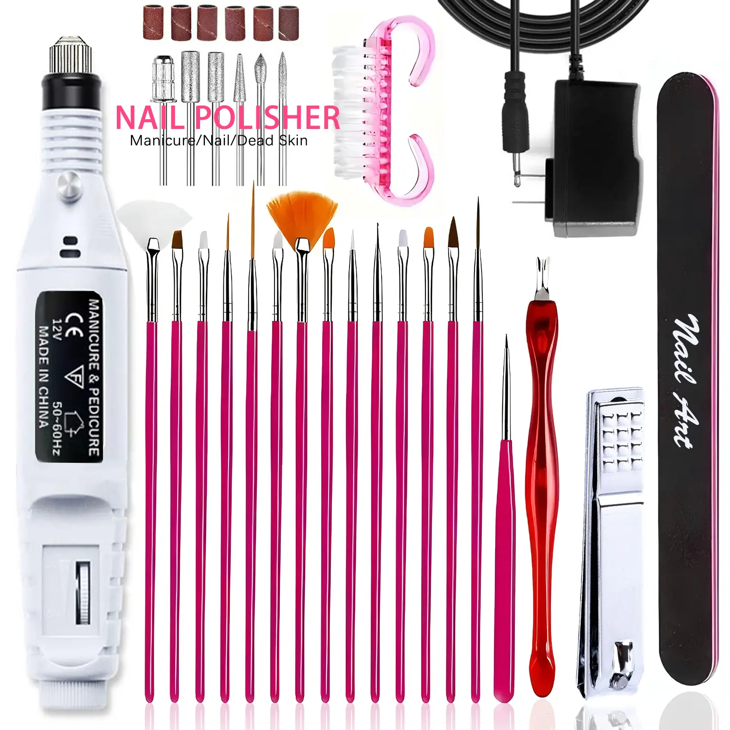 Electric nail drill set with a US plug. Includes 15 nail brushes, 1 cuticle pusher, 1 nail file, and a set of interchangeable drill bits. Electric nail drill set with a metal bit head, specially designed for gel manicures, available in multiple colors.