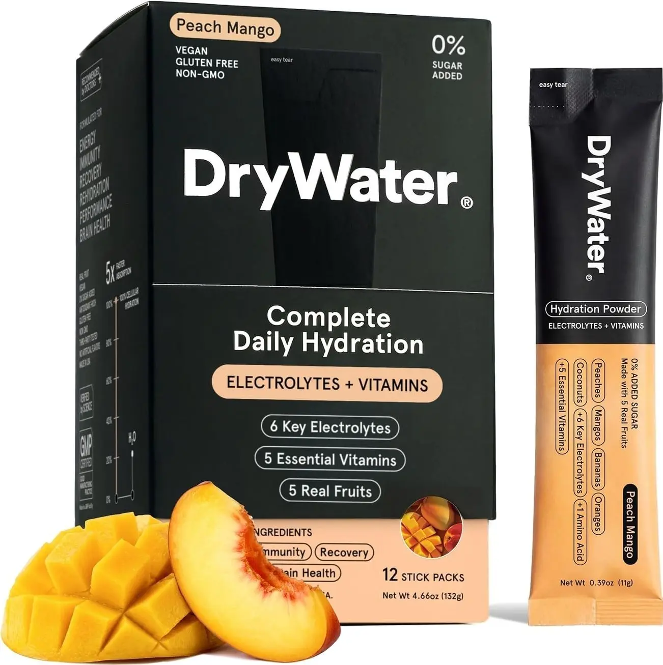 DryWater® Electrolyte + Vitamin Hydration Powder Packets – Peach Mango, 1,000mg Potassium, Real Organic Fruit, NSF Certified for Sport, Nothing Artificial, No Added Sugar (12 Stick Packs)