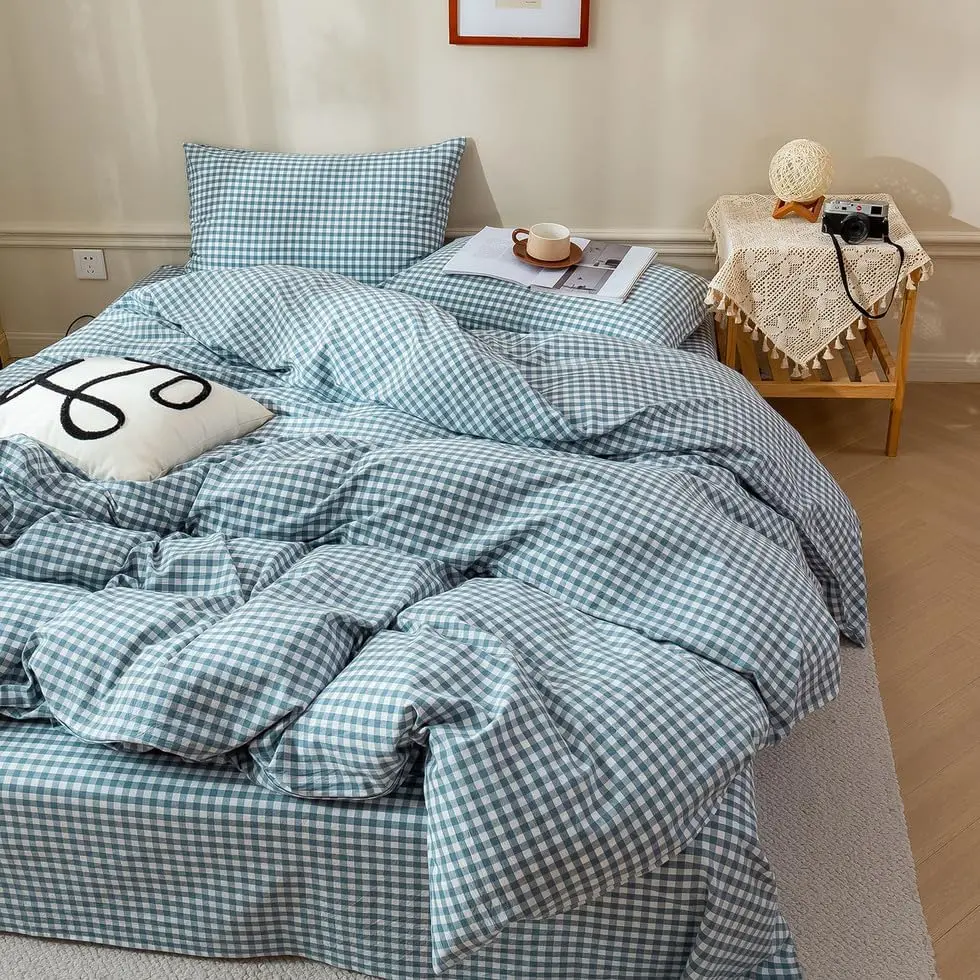 EAVD Blue Gingham Comforter Set Full Soft White and Blue Bedding Set with 2 Pillowcases Grid Comforter Set Reversible Farmhouse Gingham Bedding Set for All-Season EAVD Blue Gingham Comforter Set Full Soft White and Blue Bedding Set with 2 Pillowcases Grid Comforter Set Reversible Farmhouse Gingham Bedding Set for All-Season