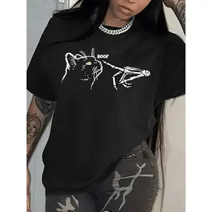 Gothic Cat & Skull Print Tee - Soft & Durable Edgy Kitten Graphic Top, Relaxed Fit Crewneck for Women | Coquette Goth Aesthetic, Y2K Street Style Essential for Music Festivals & Bold Everyday Summer Looks