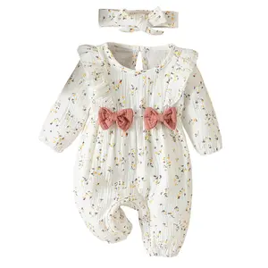 Bubble Romper Baby Girl Ruffle Jumpsuit Headband Floral Bodysuit Long Sleeve Heart Print Shirt Newborn Clothes 0-6M