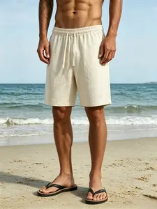 Men’s summer casual shorts made of pure cotton and linen, loose straight-leg athletic shorts, lightweight and breathable beach shorts for seaside/beachwear.