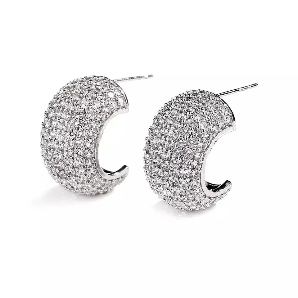 Beverly Hills C-Shaped Paved Earrings - 18k Gold or Platinum Plated Copper with Sparkling Crystals for Elegant Occasions