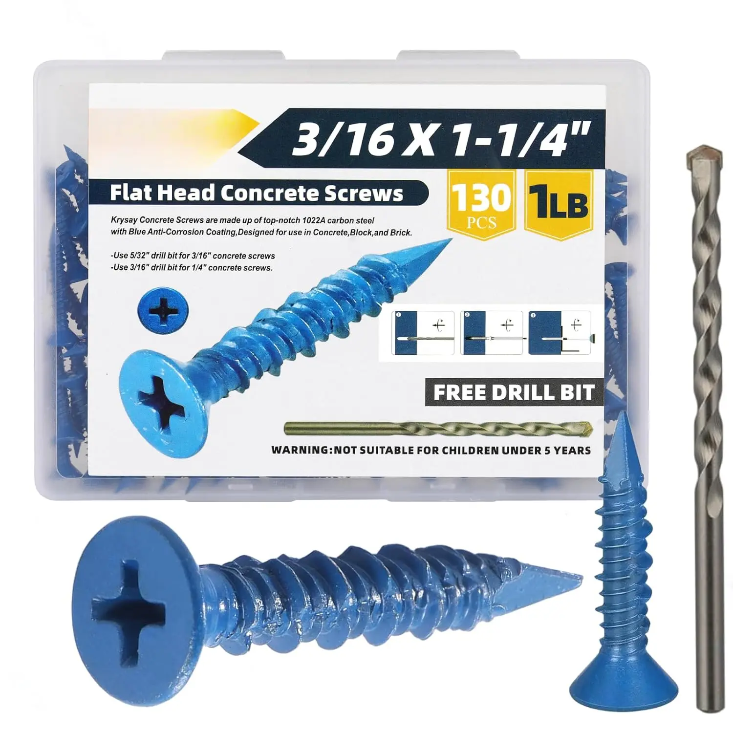 130 count 3/16 x 1-1/4 in Concrete Screws with Drill bits,Masonry Screws for Concrete Assortment Kit,Flat  Block Cement Stacoo Screws and Anchors, Point,Blue Coated(1LB)Quesear