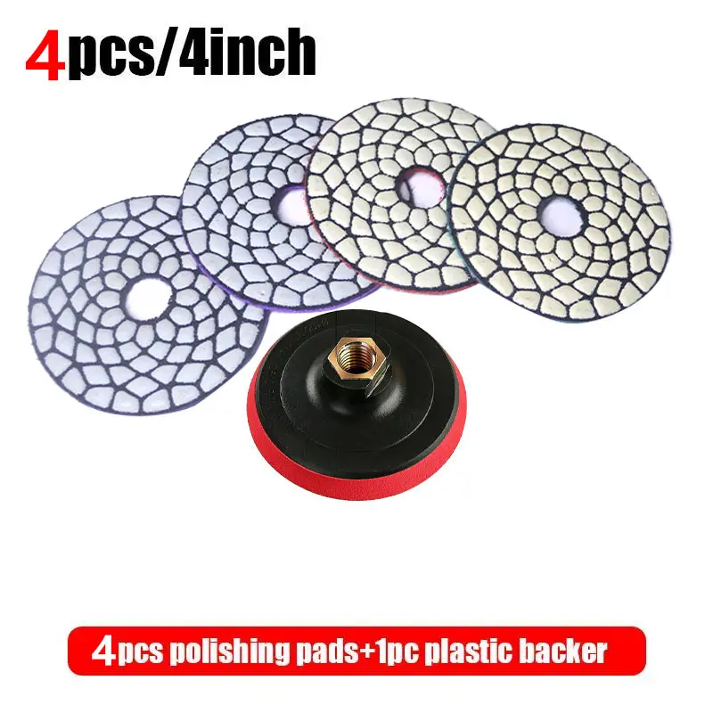 Huang Chang 4 Inch Diamond Polishing Pads with 5/8’’-11 Backer Pad, 5PCS Dry Granite Stone Polish Pad Kit for Drill, Grinder, Polisher, 1-4 Grit Polishing Pad for Concrete Marble Rock Countertop Quartz