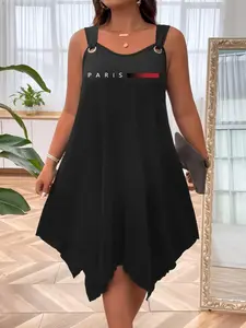 【Plus Size】 Paris Print Sleeveless A-line Dress, Elegant Casual Summer Midi Dress, Loose Fit Streetwear Style Dress for Women, Casual Flattering Sleeveless