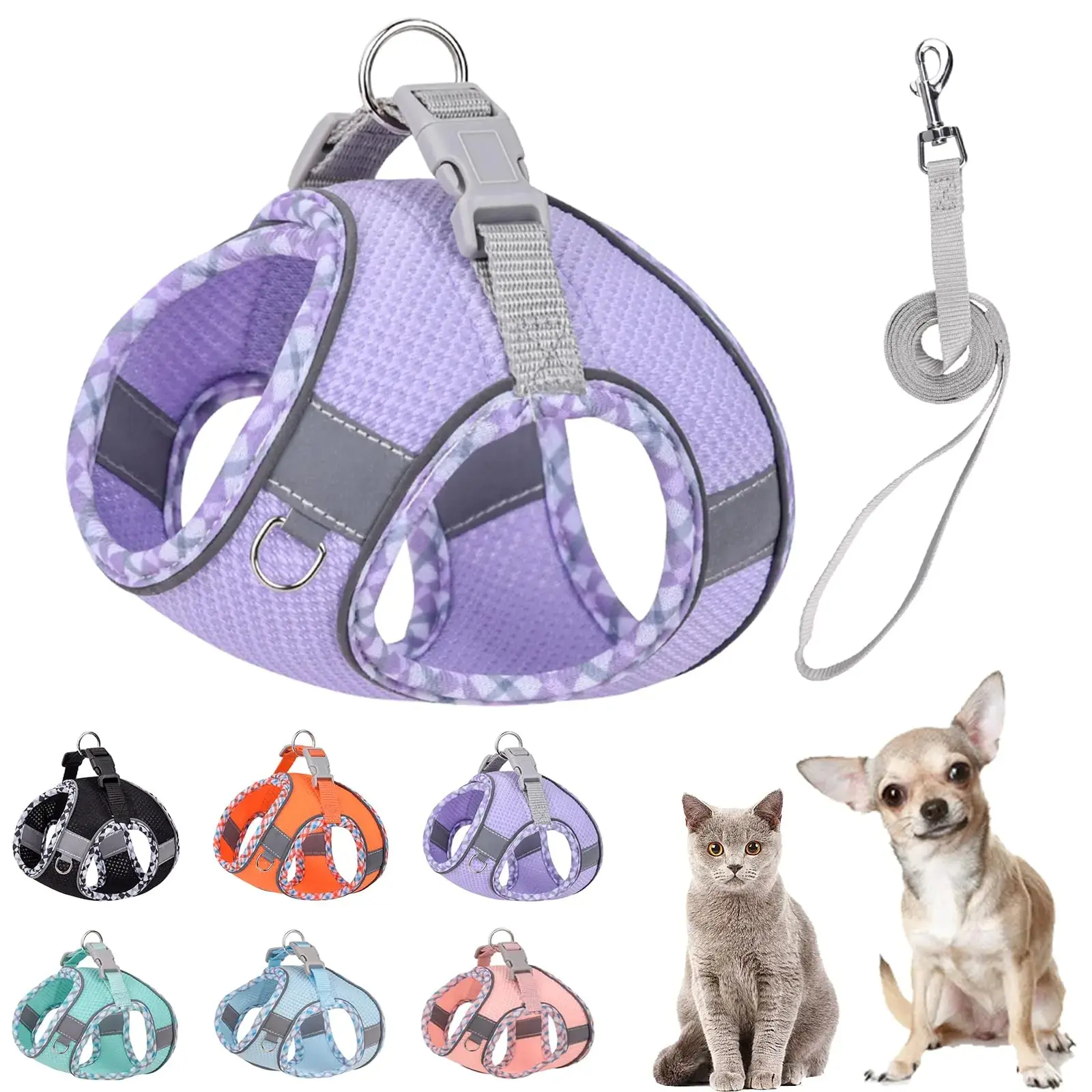 PETPUBGNZS Cute Plaid No Pull Dog Harness for Small Dogs Soft Mesh Small Dog Harness and Leash Set Easy Walk Step in Puppy Harness Vest Pet Cat Chihuahua Yorkie Shih Tzu Dog Harnesses (PurpleXXS)