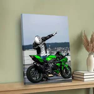 Wood Frame 2D Motorcycle Rider Canvas Print, Home Office Cafe Wall Decor, Aesthetic Sports-Themed Gift