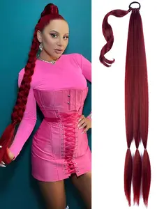 Long Braided Ponytail Extensions with Hair Ties Natural Soft Synthetic Hair Piece for Women Straight Wrap Around Braid Burgundy Copper Red 32 Inch Synthetic Hairpieces
