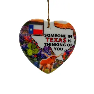 Ceramic Heart Ornament - Someone in Texas is Thinking of You with Texas Flag & Cactus Design - Ideal for Gifting or Personal Decoration