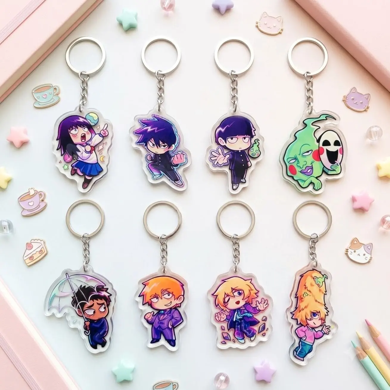 Mob Psycho Acrylic Mini Keychains, 1.5 Inch Anime Character Charms, Mini Bag Charms, Backpack Accessories, Collectible Gift