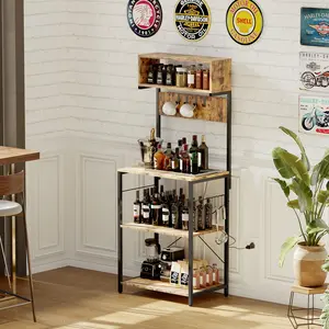 Kitchen Baker Rack, 4-Tier Kitchen Storage Shelf Rack with 10 Hooks, Industrial Microwave Stand with Power Outlet, Standing Coffee Bar Table for Spices, Pots and Pans, Brown