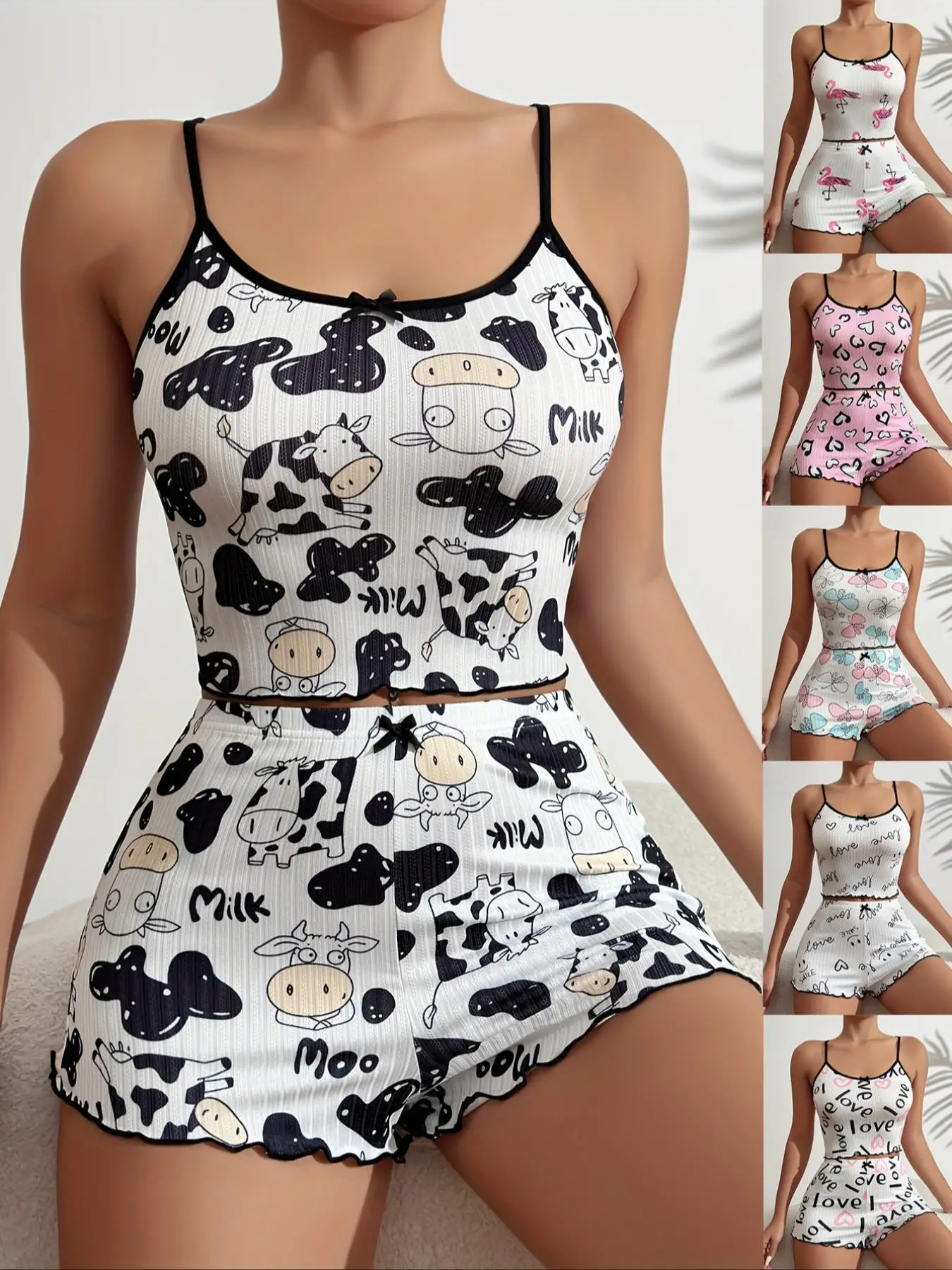 Women's 2pcs Cow Print Cami Top & Bow Front Shorts Pyjama Set, Summer Clothes Women, Cute Cartoon Graphic Lettuce Trim Camisole & Elastic Waist Shorts
