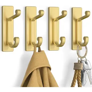 4 Pack Self Adhesive Wall Hooks for Coats - Stainless Heavy Duty Double Hook for Clothes, Towel, , Purse, Backpack, Bag, Hat,  Coat Hook for Door, Bathroom, Bedroom, Holds 13Lbs.