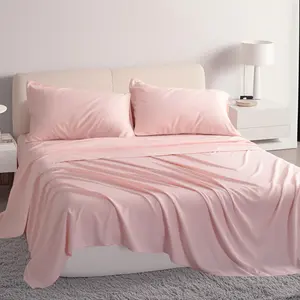 Bamboo bed sheet set, made of synthetic silk, soft and cool, including bed sheet, pillowcase, deep pocket bedsheet, pink