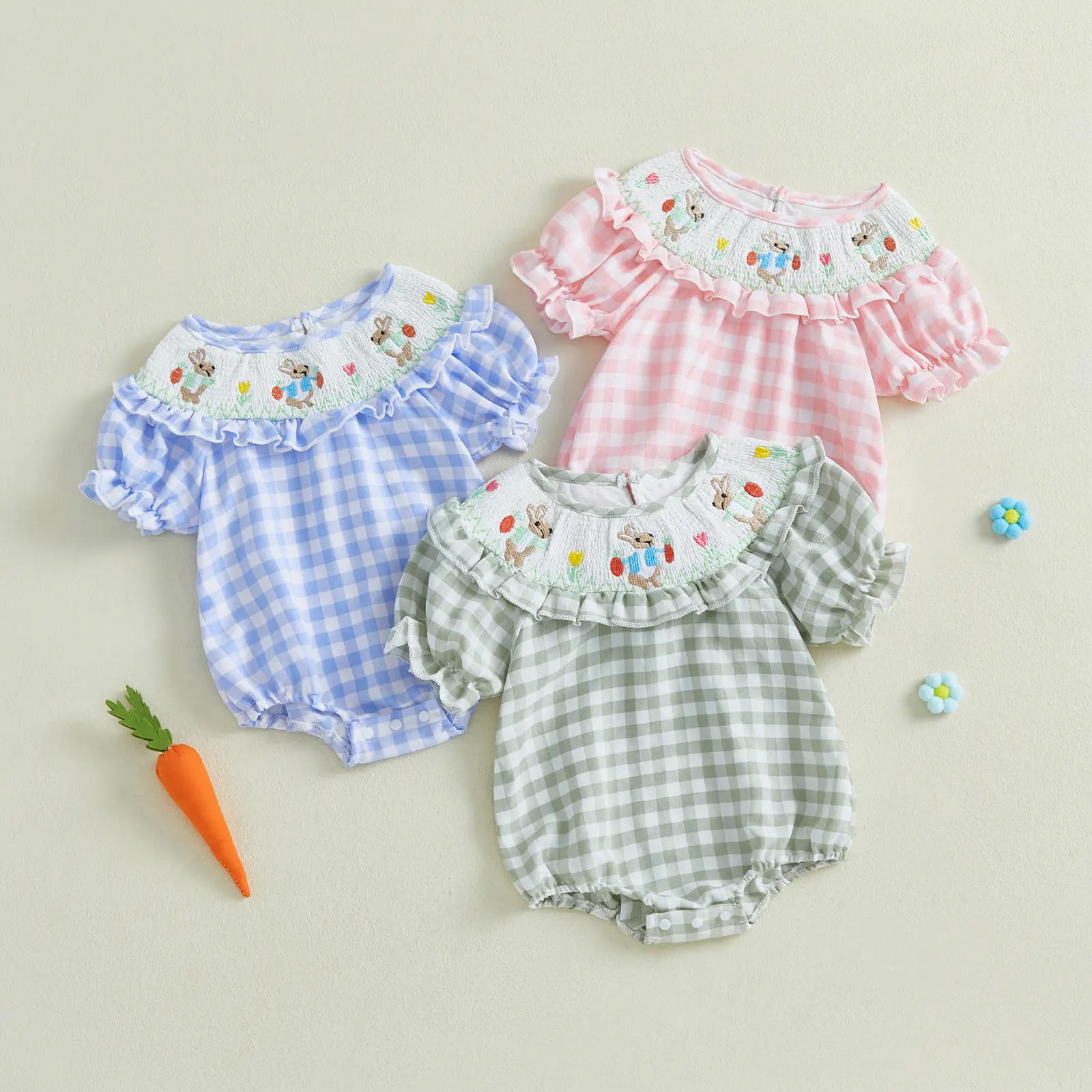 Baby Girl's Easter Romper, Plaid Bunny Print Bodysuit with Shirred Bodice, Short Sleeve Spring Jumpsuit