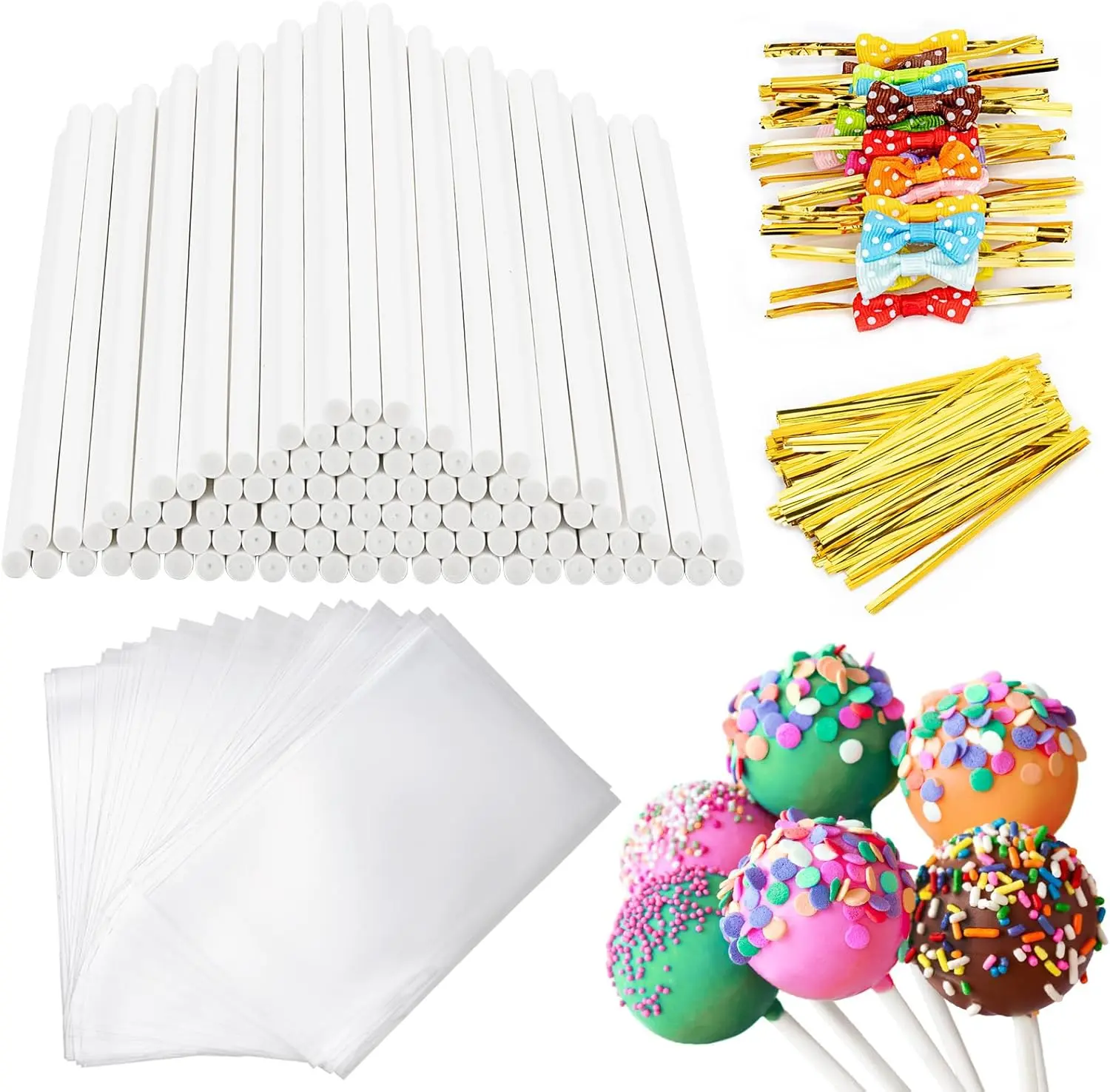 320Pcs Cake Pop Sticks and Wrappers Kit, 6 inch Lollipop Sticks | Cake Pop Bags and Metallic Twist Ties Bow, Perfect for Making Lollipops, Candies, Chocolates and Cookies