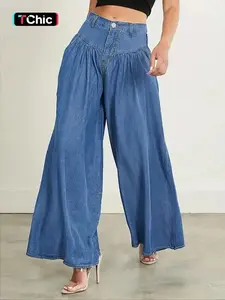 Women's Plain Button Fly Wide Leg Pants, Casual Fashion Pocket Fake Jeans for Daily Wear, Ladies Bottoms for All Seasons