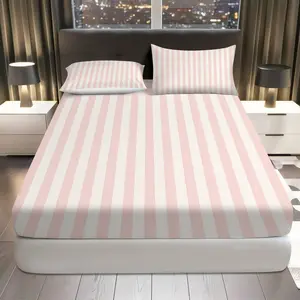 3Pcs Pink White Striped Fitted Sheet Three Piece Set (1*Fitted Sheet+2*Pillowcases, Coreless), Modern theme, Stripe Pattern Bedding Set, Mattress Protector Soft, Breathable, Breathable Sheets, Complete Sheet Set