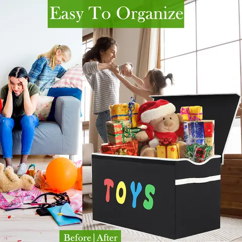 VICTORICH Extra Large Collapsible Plastic Toy Chest (26.8x13.8x16 in) - Dual-Handled Decorative Organiser, Box-Style Durable Easy Access Collapsible Folding Storage Bin with Lid for Kids Nurseries, Closets, Box-Style Storage Boxes