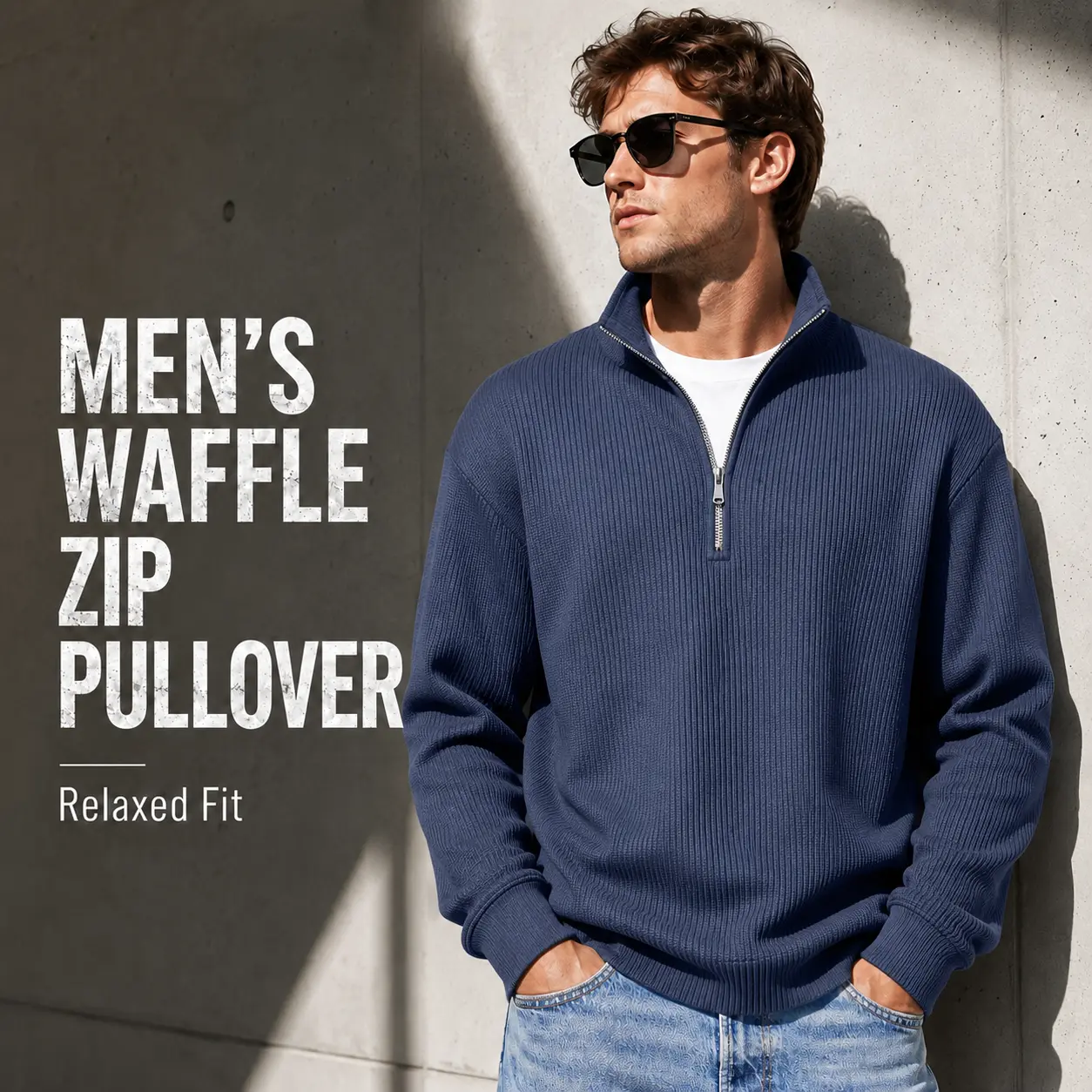 Men’s Waffle Knit Quarter Zip Pullover, Relaxed Fit Long Sleeve Ribbed Texture Sweatshirt, Casual Streetwear Top for Daily Wear, Layering, Outdoor, Fall Winter Style