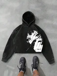 Japanese Anime Girl Tokyo Flame Print Hoodie, Autumn Winter Warm Skin-Friendly Top, Loose Fit Street Style, All Seasons Fashion, Streetwear