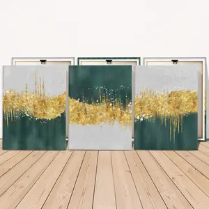 3 Counts Wooden Framed Canvas, Abstract Gold Wave With Green Background Images, Exquisite Poster, Perfect Living Room Decoration, Modern Art, Fashion Family Poster, Wall Art Decoration, Odorless, Artwork