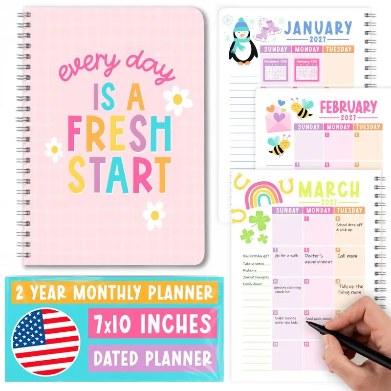Hadley Designs 2026-2027 Monthly Planner Pink Pastel 2 Year Spiral Calendar for Women, School and Office