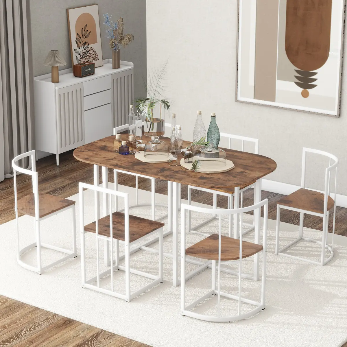 Indoor 7-Piece Contemporary Faux Marble Triangle Dining Table Set - MDF & Metal, 55Inch Compact Semi-Circle Kitchen Set (White+Gray), Adjustable, 6 Chairs, Ideal for Family Dinners (15x15.4x28.3in, 16.5in, 53.5x31.5x29.5in) (OLD SKU:SP000017)