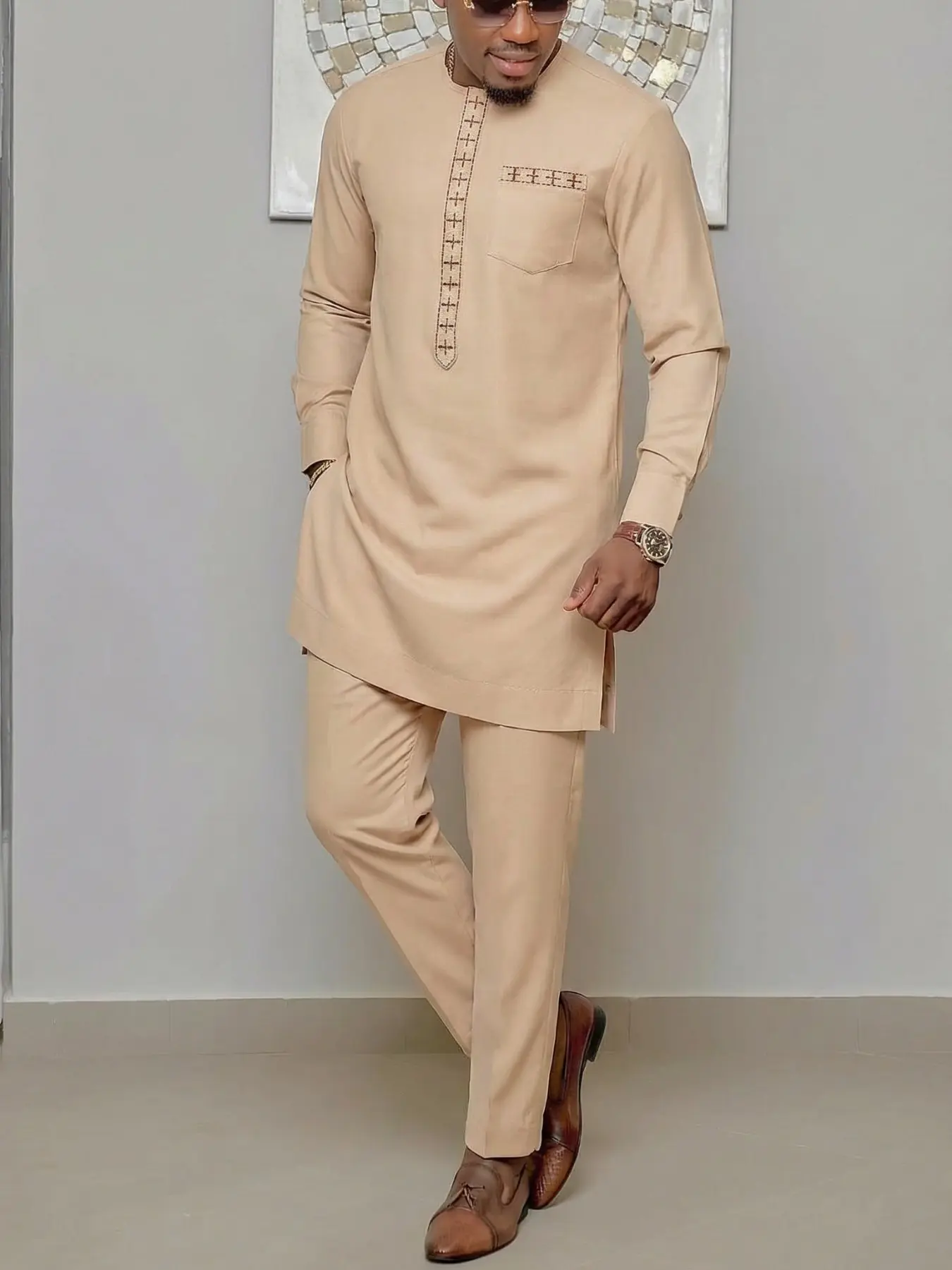 Muslim Men's 2-Piece Set African Boubou Kurta Long Sleeve Embroidered Ethnic Suit Elegant Modest Formal Wear Outfits, Fitted H-Type Blouse